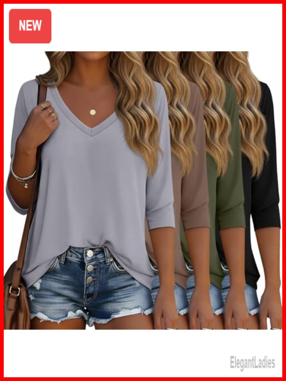 Women's 3/4 Sleeve V-Neck Tunic T-Shirts 4 Pack Cotton Blend Loose Fit